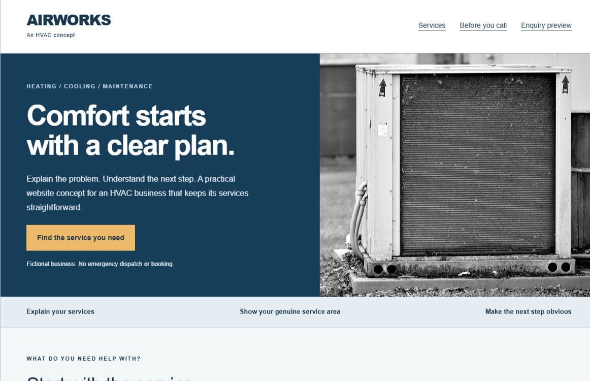 Preview of a structured blue HVAC website with equipment photography and prominent service information