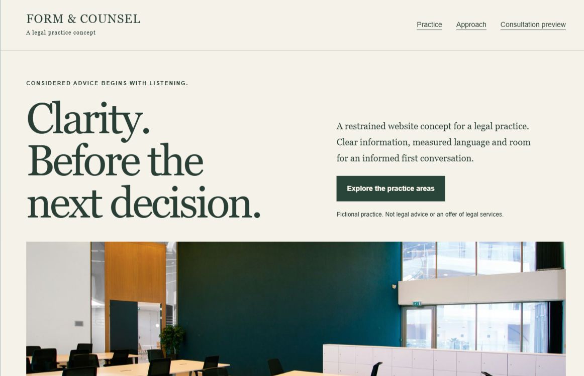 Preview of a restrained ivory and forest green legal practice website with office photography